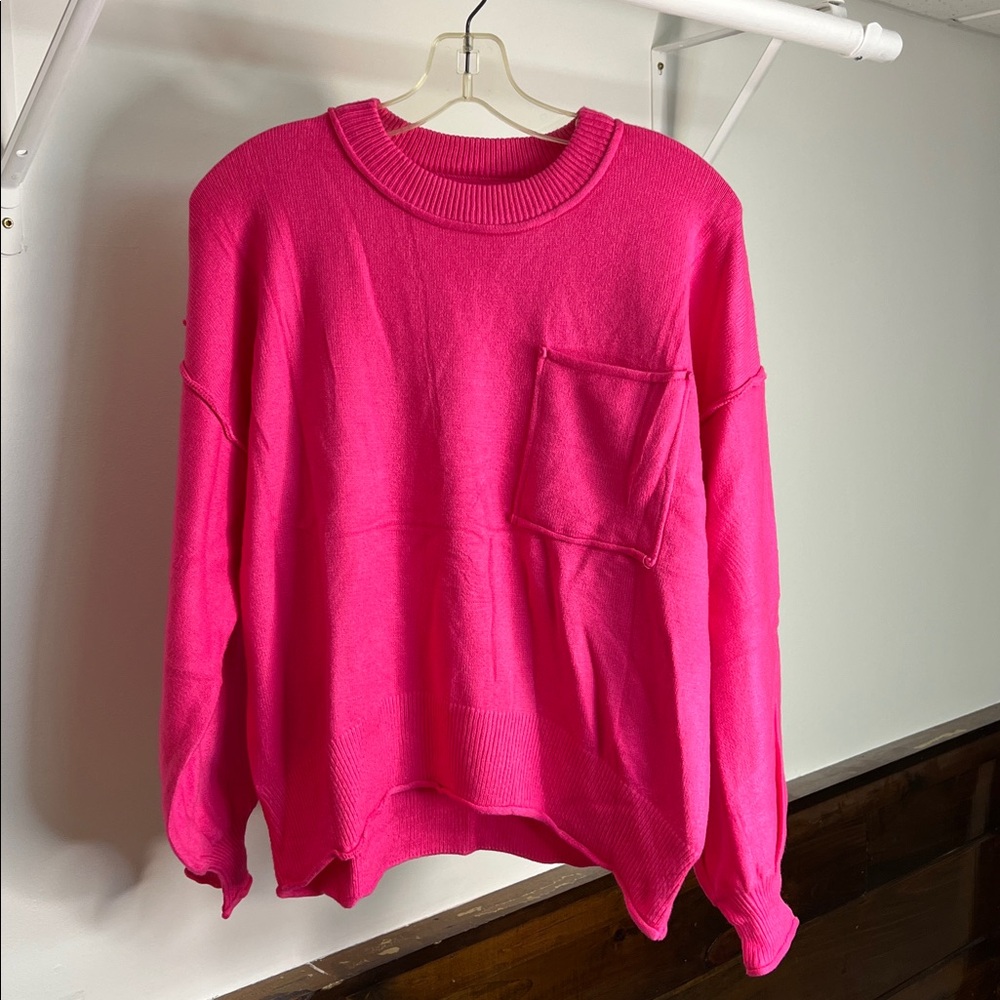Bright Pink Crewneck Sweater with Pocket-‎ S